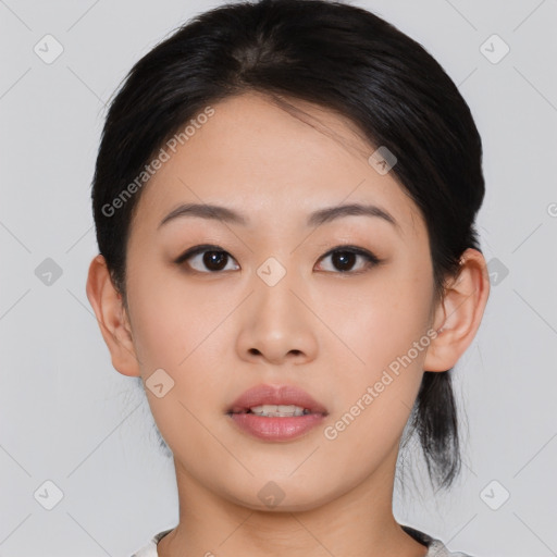 Neutral asian young-adult female with medium  black hair and brown eyes