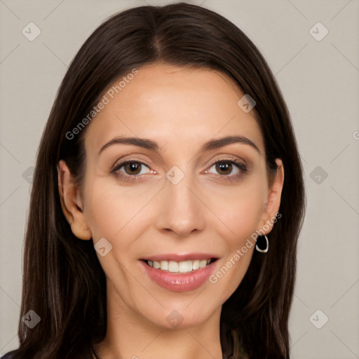 Joyful white young-adult female with long  brown hair and brown eyes