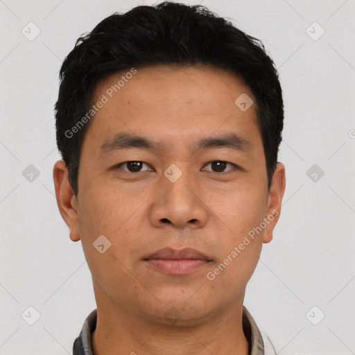 Neutral asian young-adult male with short  black hair and brown eyes