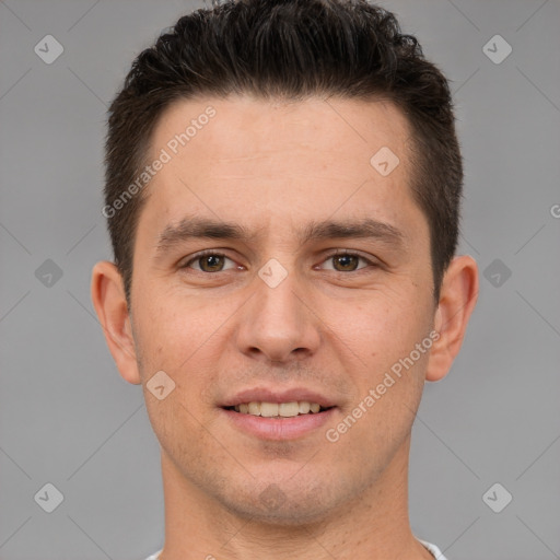 Joyful white young-adult male with short  brown hair and brown eyes