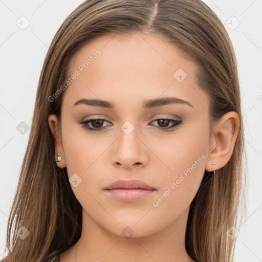 Neutral white young-adult female with long  brown hair and brown eyes