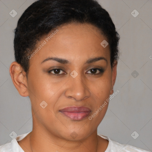 Joyful latino young-adult female with short  brown hair and brown eyes