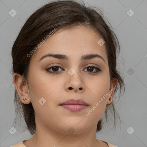 Neutral white young-adult female with medium  brown hair and brown eyes