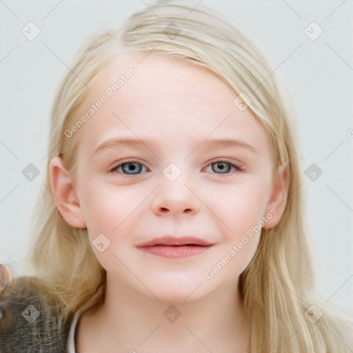 Joyful white child female with medium  brown hair and blue eyes