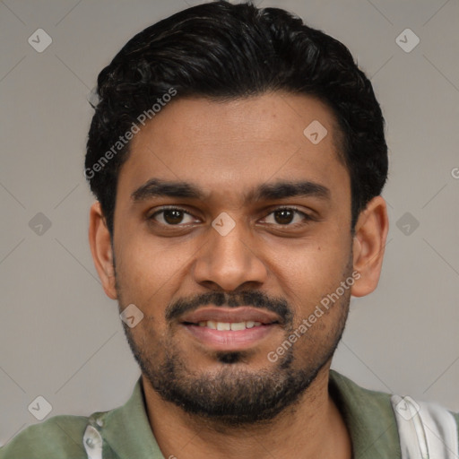 Joyful latino young-adult male with short  black hair and brown eyes