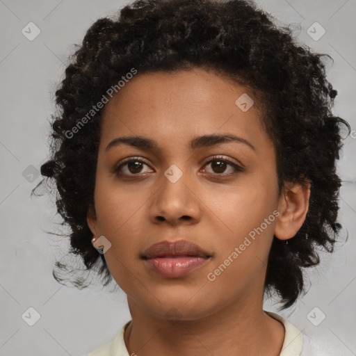 Neutral black young-adult female with medium  brown hair and brown eyes