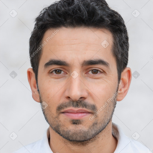 Neutral white young-adult male with short  black hair and brown eyes