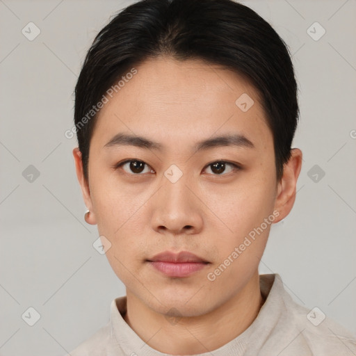 Neutral asian young-adult male with short  black hair and brown eyes