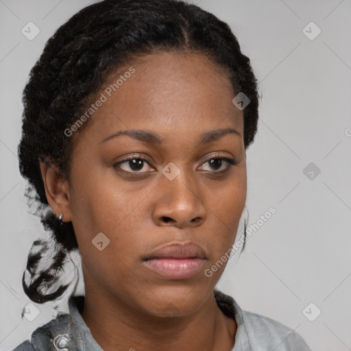 Neutral black young-adult female with medium  brown hair and brown eyes