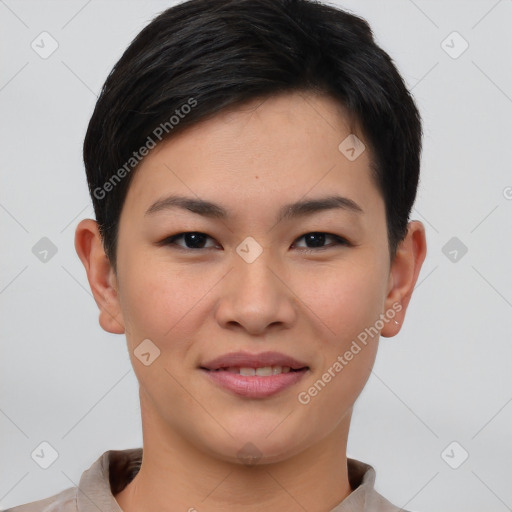 Joyful asian young-adult female with short  brown hair and brown eyes