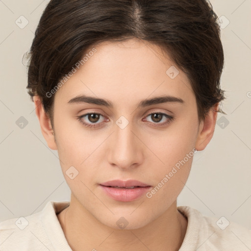 Neutral white young-adult female with short  brown hair and brown eyes