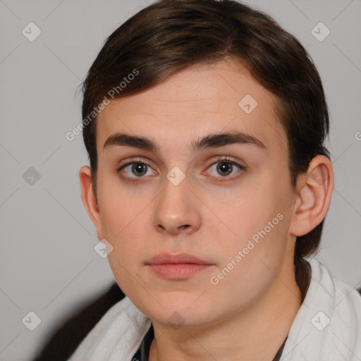 Neutral white young-adult male with short  brown hair and brown eyes