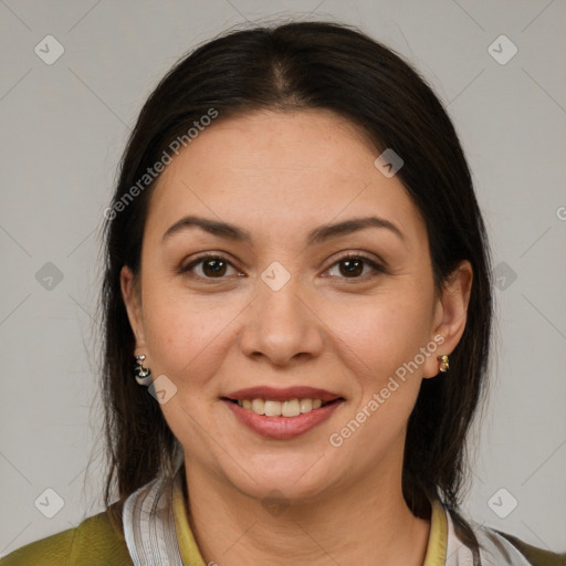 Joyful white young-adult female with medium  brown hair and brown eyes