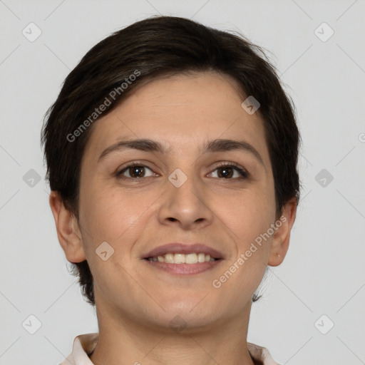 Joyful white young-adult female with short  brown hair and brown eyes