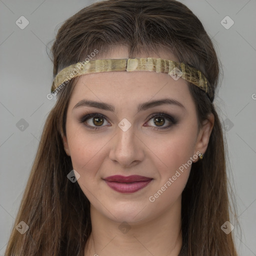 Joyful white young-adult female with long  brown hair and grey eyes