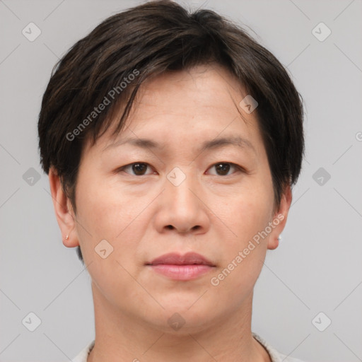 Joyful asian adult female with short  brown hair and brown eyes