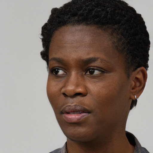 Neutral black young-adult female with short  black hair and brown eyes