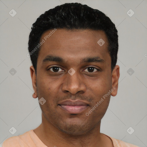 Joyful black young-adult male with short  black hair and brown eyes