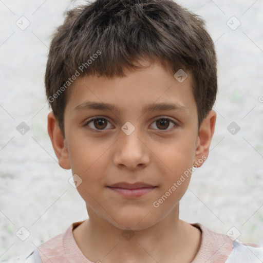 Joyful white child male with short  brown hair and brown eyes