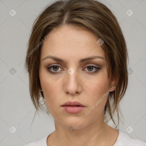 Neutral white young-adult female with medium  brown hair and grey eyes