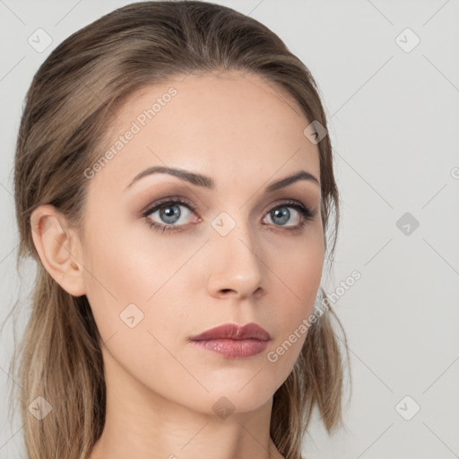 Neutral white young-adult female with long  brown hair and grey eyes