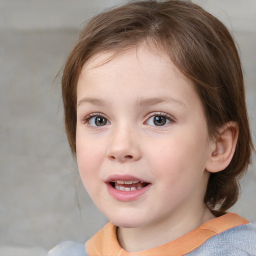 Joyful white child female with medium  brown hair and blue eyes