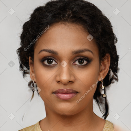 Joyful black young-adult female with long  brown hair and brown eyes