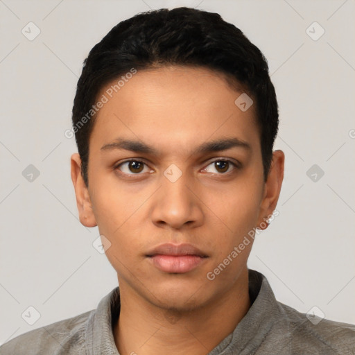 Neutral latino young-adult male with short  black hair and brown eyes