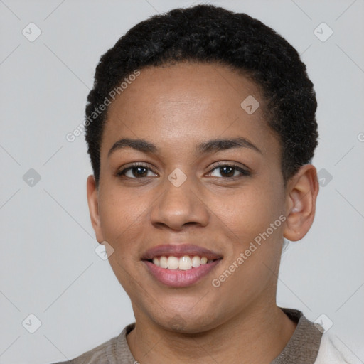 Joyful latino young-adult female with short  brown hair and brown eyes