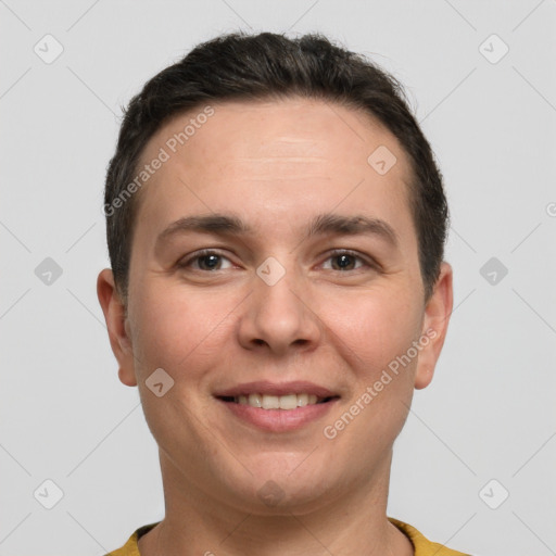 Joyful white young-adult male with short  brown hair and brown eyes