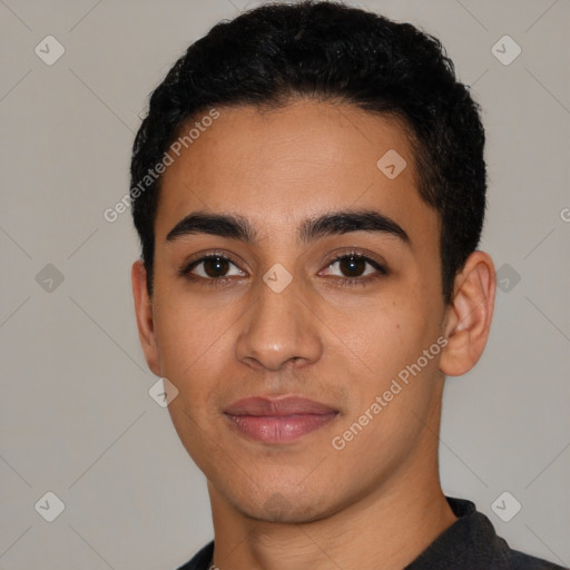 Neutral latino young-adult male with short  black hair and brown eyes