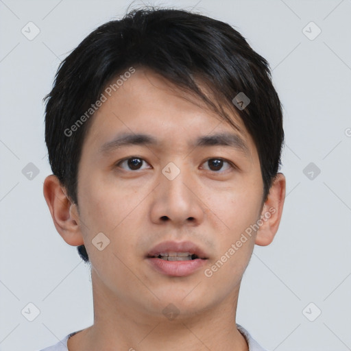 Neutral asian young-adult male with short  brown hair and brown eyes