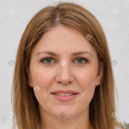 Joyful white young-adult female with long  brown hair and grey eyes