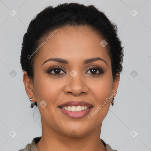 Joyful latino young-adult female with short  brown hair and brown eyes