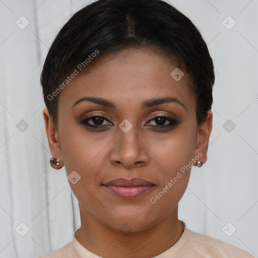 Joyful latino young-adult female with short  brown hair and brown eyes