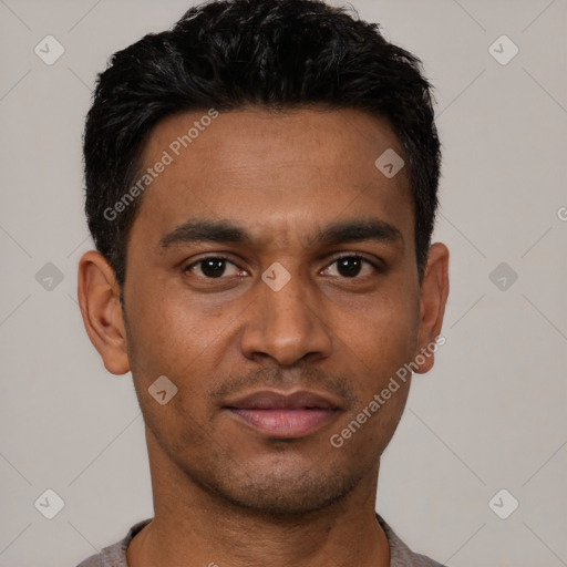 Neutral latino young-adult male with short  black hair and brown eyes