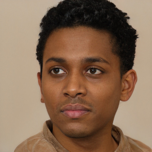 Neutral black young-adult male with short  black hair and brown eyes