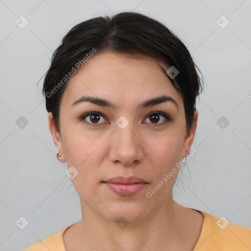 Neutral white young-adult female with short  brown hair and brown eyes