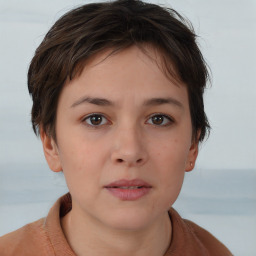 Neutral white young-adult female with short  brown hair and brown eyes