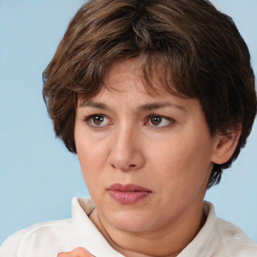 Neutral white adult female with short  brown hair and brown eyes