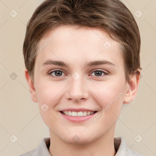 Joyful white young-adult female with short  brown hair and grey eyes