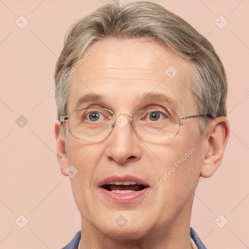 Joyful white middle-aged male with short  brown hair and brown eyes