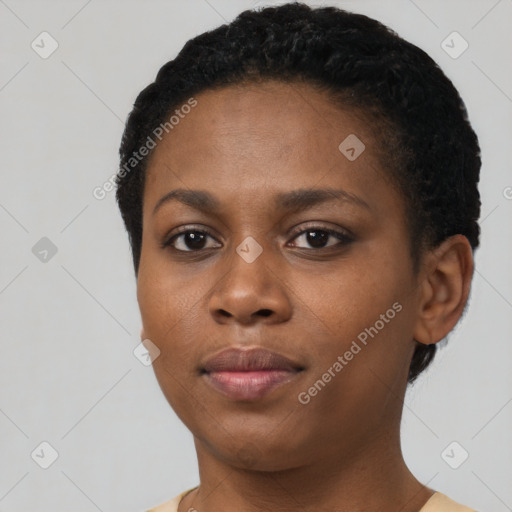 Neutral black young-adult female with short  black hair and brown eyes