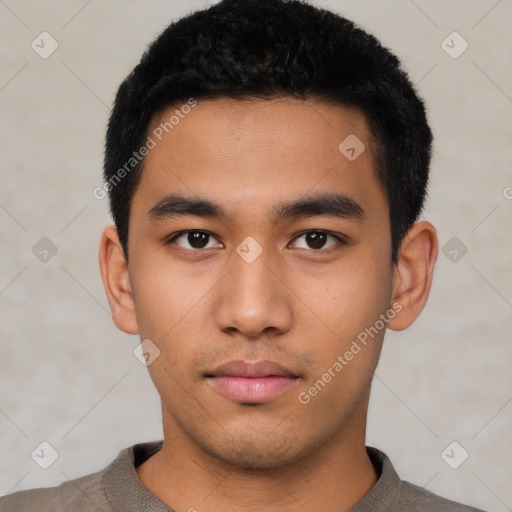 Neutral asian young-adult male with short  black hair and brown eyes