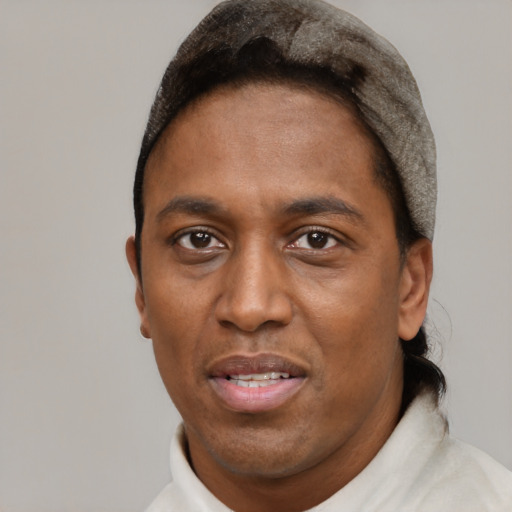 Joyful black adult male with short  brown hair and brown eyes