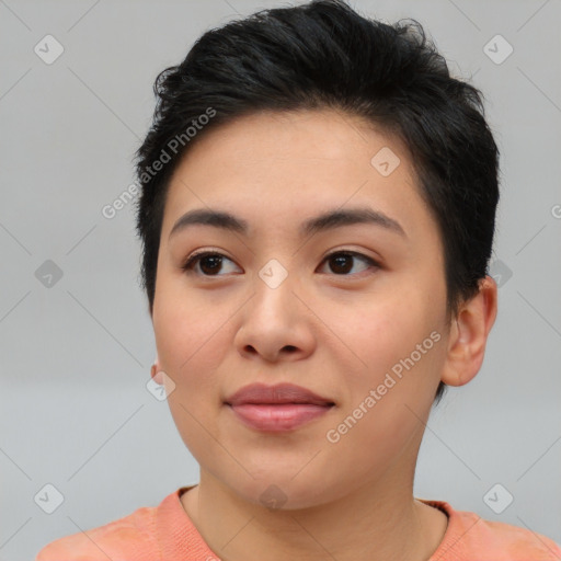 Neutral asian young-adult female with short  brown hair and brown eyes