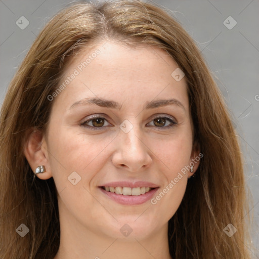 Joyful white young-adult female with long  brown hair and green eyes