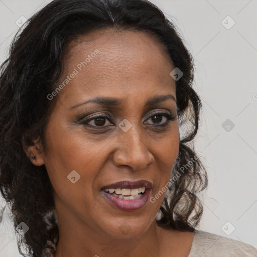 Joyful black adult female with medium  brown hair and brown eyes