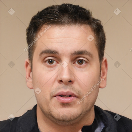 Neutral white adult male with short  brown hair and brown eyes