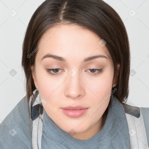 Neutral white young-adult female with medium  brown hair and brown eyes